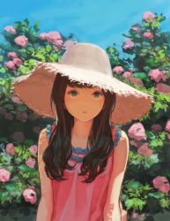 Rule 34 | 1girl, aro (charged time out), bare arms, bare shoulders, blue eyes, blue sky, breasts, brown hair, collarbone, curly hair, day, dress, facing viewer, flower, hat, long hair, looking at viewer, mole, mole above mouth, original, outdoors, parted lips, photo-referenced, pink flower, real life, shade, sky, sleeveless, small breasts, solo, straw hat, sun hat, sundress, swept bangs, upper body