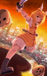 Rule 34 | 1girl, arm up, armor, armored dress, black footwear, blonde hair, bloomers, blush, boots, breasts, cityscape, commentary request, double bun, dress, dutch angle, hair bun, hair ribbon, haniwa (statue), highres, holding, holding sword, holding weapon, joutouguu mayumi, katana, looking at viewer, open mouth, puffy short sleeves, puffy sleeves, rankasei, ribbon, sash, scabbard, sheath, shirt, short hair, short sleeves, small breasts, solo, sword, touhou, underwear, weapon, white bloomers, white ribbon, white shirt, yellow dress, yellow eyes
