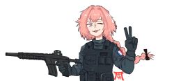 Rule 34 | 1boy, ar-15, assault rifle, astolfo (fate), black gloves, fate/grand order, fate (series), french flag, gavriil mb1, gloves, gun, hair between eyes, hair ribbon, highres, holding, holding gun, holding weapon, long hair, long sleeves, looking at viewer, one eye closed, open mouth, pink eyes, pink hair, ribbon, rifle, simple background, solo, tactical clothes, v, weapon, white background