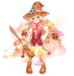 Rule 34 | 1girl, :3, beryl benito, blonde hair, blue eyes, bow, brooch, full body, hand on own hip, hat, hatomame, hip focus, jewelry, long hair, paintbrush, pink bow, pink socks, ribbon, shoes, shorts, smile, socks, solo, tales of (series), tales of hearts, twintails, white background, witch hat