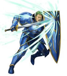 Rule 34 | 1boy, arden (fire emblem), armor, armored boots, attack, belt, blue armor, boots, brown eyes, cleft chin, energy, fire emblem, fire emblem: genealogy of the holy war, fire emblem heroes, gauntlets, greaves, green hair, highres, holding, holding shield, holding sword, holding weapon, male focus, manly, nintendo, nose, official art, open mouth, realistic, serious, shield, short hair, shoulder armor, soeda ippei, solo, sword, teeth, transparent background, weapon
