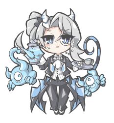 Rule 34 | 1girl, arias the labrynth butler, ascot, black jacket, black pants, black suit, blue eyes, blue tail, butler, chibi, collared shirt, commentary request, demon girl, demon horns, duel monster, female butler, formal, full body, grey hair, highres, holding, horns, jacket, long hair, oquri, pants, shirt, simple background, suit, white ascot, white background, white shirt, yu-gi-oh!