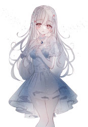 Rule 34 | 1girl, blush, breasts, brown eyes, choker, cleavage, collarbone, commentary request, detached sleeves, dress, feet out of frame, grey dress, grey hair, highres, long hair, looking at viewer, medium breasts, oirin, open mouth, original, puffy short sleeves, puffy sleeves, short sleeves, simple background, solo, standing, starfish hair ornament, strapless, strapless dress, tandohark, very long hair, white background, white choker, white sleeves