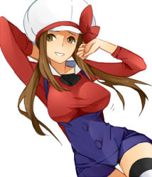 Rule 34 | 00s, 1girl, aged up, alternate hairstyle, breasts, brown eyes, brown hair, creatures (company), doodle, game freak, hat, large breasts, long hair, lyra (pokemon), nintendo, pokemon, pokemon hgss, simple background, smile, solo, thigh gap, thighhighs, tribute (tributism), white background