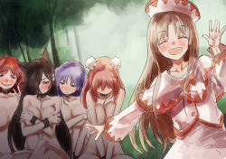 Rule 34 | 5girls, animal ears, blonde hair, blush, breasts, brown hair, collar, commentary, covering privates, covering breasts, cuffs, closed eyes, forest, hair over one eye, handcuffs, horikawa raiko, ibaraki kasen, imaizumi kagerou, large breasts, lily white, multiple girls, nature, nude, open mouth, purple eyes, purple hair, red eyes, red hair, touhou, tsukumo benben, v, wolf ears, yohane