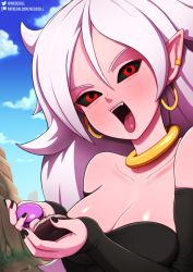 Rule 34 | 1girl, android 21, arm warmers, black sclera, blue sky, blush, breasts, cloud, colored sclera, colored skin, day, dragon ball, dragon ball fighterz, ear piercing, earrings, hoop earrings, jewelry, majin android 21, medium breasts, nail polish, neocoill, outdoors, piercing, pink skin, pointy ears, red eyes, sky, solo, white hair