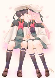 Rule 34 | 10s, 1boy, 1girl, black hair, black legwear, boots, brown footwear, capelet, closed eyes, commentary request, couple, darling in the franxx, face-to-face, forehead-to-forehead, fringe trim, hat, heads together, hetero, highres, hiro (darling in the franxx), holding hands, legwear garter, long hair, long sleeves, military, military uniform, necktie, peaked cap, petals, pink hair, red neckwear, shoes, short hair, signature, sitting, socks, uniform, usagizado, white capelet, white footwear, white headwear, zero two (darling in the franxx)