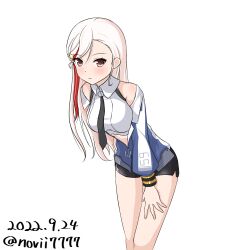Rule 34 | 1girl, black necktie, black skirt, blonde hair, blue jacket, breasts, collared shirt, dated, dress shirt, feet out of frame, jacket, kantai collection, large breasts, leaning forward, long hair, massachusetts (kancolle), multicolored hair, necktie, no. vii, open clothes, open jacket, pencil skirt, red eyes, red hair, shirt, simple background, skirt, sleeveless, sleeveless shirt, solo, streaked hair, twitter username, white background, white shirt