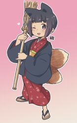 Rule 34 | 1girl, ;d, animal ears, bamboo broom, black hair, blush, broom, brown footwear, brown hair, commentary request, fox ears, fox girl, fox tail, full body, gradient background, gradient hair, holding, holding broom, japanese clothes, kimono, kitsune, kukuri (mawaru), long sleeves, looking at viewer, mawaru (mawaru), multicolored hair, obi, one eye closed, open clothes, open mouth, original, pink background, purple eyes, red kimono, sandals, sash, short hair, smile, solo, standing, tail, wide sleeves, zouri