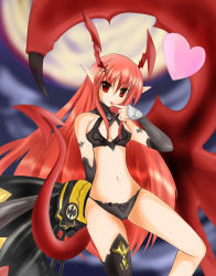 Rule 34 | 1girl, asymmetrical clothes, bare shoulders, breasts, demon girl, elbow gloves, female focus, licking finger, gloves, horns, licking, long hair, lord of vermilion, midriff, navel, outdoors, pointy ears, red eyes, red hair, single thighhigh, single wing, sky, solo, demon girl, succubus (lord of vermilion), tail, thighhighs, tongue, wings