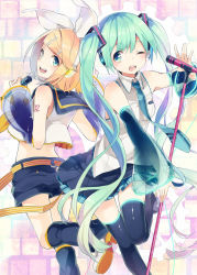 Rule 34 | 2girls, black legwear, blonde hair, blouse, blue eyes, blush, booota, bow, detached sleeves, green eyes, green hair, hair bow, hair ornament, hairclip, hatsune miku, headphones, holding, holding microphone, kagamine rin, leg up, long hair, looking at another, microphone, microphone stand, midriff, multiple girls, one eye closed, open mouth, sailor collar, shirt, short hair, short shorts, shorts, sidelocks, sleeveless, sleeveless shirt, smile, thighhighs, thighs, twintails, very long hair, vocaloid, white bow