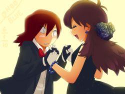 Rule 34 | 1boy, 1girl, alternate costume, aonik, black dress, blush, bow, bowtie, bracelet, brown hair, couple, creatures (company), dancing, dress, earrings, embarrassed, closed eyes, flower, formal, game freak, gloves, green (pokemon), grey eyes, hair ornament, happy, height difference, hetero, jewelry, long hair, nintendo, open mouth, pokemon, pokemon adventures, red hair, silver (pokemon), sleeveless, suit, traditional bowtie, white gloves