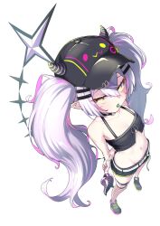 1girl absurdres black_hat black_shorts blush breasts candy cosplay costume_switch fake_horns fishnet_thighhighs fishnets food grey_hair hair_ornament hairclip hat highres hololive horns la+_darknesss lollipop looking_at_viewer midriff multicolored_hair navel pink_hair pointy_ears shoes short_shorts shorts simple_background single_thighhigh small_breasts sneakers solo stomach streaked_hair syam_illust tail tank_top thighhighs tokoyami_towa tokoyami_towa_(1st_costume) tokoyami_towa_(cosplay) twintails virtual_youtuber white_background yellow_eyes