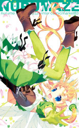 Rule 34 | 1girl, :d, ankle boots, blonde hair, bloomers, blue eyes, blush, boots, dagger, fang, gloves, green gloves, green theme, green thighhighs, knife, long hair, looking at viewer, meito (maze), open mouth, original, outstretched hand, pointy ears, scabbard, sheath, sheathed, smile, solo, thighhighs, twintails, underwear, upside-down, weapon