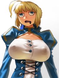 Rule 34 | 1girl, ahoge, alternate breast size, artoria pendragon (all), artoria pendragon (fate), blonde hair, blue dress, blue eyes, braid, breasts, cleavage cutout, clothing cutout, covered erect nipples, dress, drooling, fate/stay night, fate (series), french braid, half-closed eyes, juliet sleeves, large breasts, long sleeves, mouth drool, narisokonai (mmmikedaya), open mouth, puffy sleeves, saber (fate), sader, see-through, simple background, solo, upper body, wall-eyed, white background