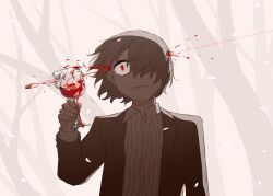 Rule 34 | 1boy, absurdres, alcohol, avogado6, blood, broken glass, brown hair, bullet, collared shirt, commentary, cup, cursive, death, dress shirt, drinking glass, english commentary, falling petals, forest, glass, grey jacket, hair over one eye, hand up, headshot, highres, holding, holding cup, jacket, jewelry, long sleeves, looking at viewer, male focus, mole, mole above mouth, monochrome background, murder, nature, open clothes, open jacket, open mouth, original, outdoors, petals, projectile trail, red eyes, ring, romaji text, shirt, short hair, sidelighting, smile, solo, straight-on, striped clothes, striped shirt, suit jacket, tree, upper body, wide-eyed, wine, wine glass