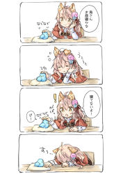 Rule 34 | !, 1girl, 4koma, = =, ahoge, animal, animal ear fluff, animal ears, bird, blue flower, bluebird, blush, brown eyes, capelet, chair, closed eyes, closed mouth, comic, fang, flower, hair between eyes, hair flower, hair ornament, hair ribbon, hood, hood down, hooded capelet, long hair, long sleeves, open mouth, original, parted lips, petting, pillow, pink flower, pink hair, red capelet, red ribbon, ribbon, shirt, sitting, sleeping, sleepy, smile, table, translated, v-shaped eyebrows, wataame27, white shirt, wolf-chan (wataame27), wolf ears