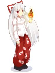 Rule 34 | 1girl, absurdres, bow, female focus, fire, fujiwara no mokou, hair bow, highres, koboke (scscsc), long hair, simple background, solo, touhou, very long hair, white background