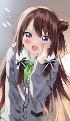 Rule 34 | 1girl, :d, blush, bow, brown hair, cardigan, collared shirt, commentary request, dress shirt, fang, green bow, grey cardigan, hair between eyes, hair bow, hair bun, hand up, highres, long hair, long sleeves, looking at viewer, one side up, open mouth, original, parted bangs, pentagon (railgun ky1206), puffy long sleeves, puffy sleeves, purple eyes, school uniform, shirt, sidelocks, single side bun, sleeves past wrists, smile, solo, upper body, v-shaped eyebrows, very long hair, white shirt