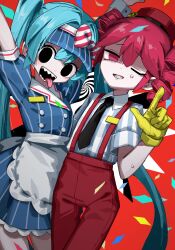 2girls apron arms_up black_eyes black_necktie blue_dress blue_hair commentary_request confetti cowboy_shot crazy_eyes dress drill_hair empty_eyes false_smile finger_gun gloves grin hand_up hatsune_miku highres himurohiromu kasane_teto long_hair looking_at_viewer mesmerizer_(vocaloid) multiple_girls necktie one_eye_closed open_mouth pink_eyes pink_hair pinstripe_dress pinstripe_pattern puffy_short_sleeves puffy_sleeves sharp_teeth short_sleeves smile suspenders teeth twin_drills twintails utau very_long_hair vocaloid white_apron yellow_gloves