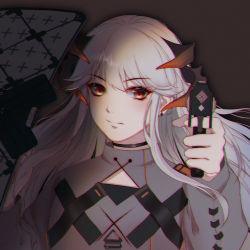 Rule 34 | 1girl, aipssai, arknights, brown eyes, chinese commentary, chromatic aberration, commentary request, earrings, grey background, grey shirt, highres, holding, horns, jewelry, long hair, long sleeves, looking at viewer, saria (arknights), shield, shirt, silver hair, solo, stud earrings, upper body