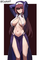 Rule 34 | 1girl, breasts, cuyito, fate/grand order, fate (series), highres, large breasts, nun, pelvic curtain, purple hair, revealing clothes, scathach (fate)