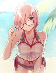 Rule 34 | 1girl, beach, bikini, black-framed eyewear, blush, breasts, collarbone, commentary request, day, fate/grand order, fate (series), glasses, grin, hair over one eye, highres, holding, holding removed eyewear, looking at viewer, mash kyrielight, mash kyrielight (swimsuit of perpetual summer ver.02), medium breasts, one eye covered, outdoors, palm tree, pink hair, purple eyes, removing eyewear, sakuraike, sand, see-through, short hair, smile, solo, striped bikini, striped clothes, swimsuit, teeth, tree, unworn eyewear, water