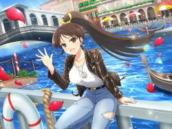 Rule 34 | 1girl, belt, black jacket, blue sky, blush, boat, breasts, bridge, brown eyes, brown hair, collarbone, crossover, day, denim, fatal fury, glint, hand up, jacket, jeans, jewelry, large breasts, lifebuoy, long hair, looking at viewer, necklace, official art, on railing, outdoors, pants, peace symbol, petals, ponytail, railing, river, senran kagura, senran kagura new link, shiny skin, shiranui mai, shirt, sitting, sky, solo, swim ring, the king of fighters, venice, water, watercraft, white shirt, yaegashi nan