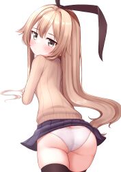 Rule 34 | 1girl, absurdres, ass, black skirt, black thighhighs, blonde hair, blush, closed mouth, cowboy shot, from behind, hair between eyes, highres, kantai collection, long hair, long sleeves, looking at viewer, miniskirt, panties, pleated skirt, ribbed sweater, shimakaze (kancolle), simple background, skirt, solo, sweater, thighhighs, tiemu (man190), underwear, white background, white panties, yellow eyes, yellow sweater