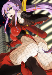 Rule 34 | 10s, 1girl, ass, bow (weapon), breasts, city, dragon yukano, enfuku, covered erect nipples, female focus, fishnet pantyhose, fishnets, from behind, gloves, japanese clothes, large breasts, long hair, ninja slayer, pantyhose, purple eyes, purple hair, solo, thong, vambraces, very long hair, weapon