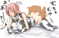 Rule 34 | 1boy, 1girl, animal ears, animal print, ass, ass grab, bell, blush, breasts, clothed female nude male, cow ears, cow girl, cow print, cowbell, cum, doggystyle, elbow gloves, enoshima iki, gloves, horns, large breasts, moaning, nipples, nude, open mouth, original, pink hair, saliva, see-through, sex, sex from behind, shirt, short hair, solo focus, taut clothes, taut shirt, text focus, thighhighs