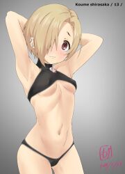 Rule 34 | 1girl, armpits, arms behind head, arms up, bare shoulders, bikini, black bikini, blonde hair, blush, breasts, brown eyes, character name, closed mouth, collarbone, cowboy shot, dated, dot nose, ear piercing, grey background, hair over one eye, highres, idolmaster, idolmaster cinderella girls, idolmaster cinderella girls starlight stage, illust audio, looking at viewer, navel, piercing, ribs, shirasaka koume, short hair, shy, signature, simple background, skull, small breasts, solo, standing, swimsuit, underboob, wavy mouth