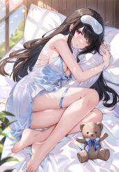 Rule 34 | 1girl, absurdres, babydoll, barefoot, bed, black hair, blindfold, blunt bangs, breasts, highres, indoors, looking at viewer, lying, medium breasts, on side, one eye closed, pillow, red eyes, shanguier, snowbreak: containment zone, solo, stuffed animal, stuffed toy, teddy bear, thigh strap, window, yao (snowbreak)
