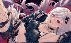 Rule 34 | 1girl, alter ego malevolent (granblue fantasy), bad id, bad pixiv id, black jacket, breasts, choker, crop top, djeeta (granblue fantasy), fishnet legwear, fishnets, granblue fantasy, grey hair, hair ornament, jacket, jewelry, looking at viewer, medium breasts, midriff, navel, omotim000, red eyes, short hair, smile, solo, tongue, tongue out