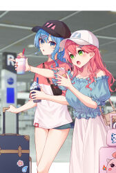 Rule 34 | 2girls, absurdres, alternate costume, bag, baseball cap, black headwear, blue hair, blue nails, blue shorts, blush, breasts, cellphone, cup, frilled shirt, frills, hair ornament, hairpin, handbag, hat, highres, holding, holding cup, holding phone, hololive, hoshimachi suisei, large breasts, long hair, looking at viewer, multicolored nails, multiple girls, open mouth, phone, pink shirt, red nails, sakura miko, shirt, short shorts, shorts, small breasts, smartphone, suitcase, tang-du, two-tone shirt, virtual youtuber, white headwear, white shirt