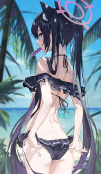 Rule 34 | 1girl, absurdres, adjusting clothes, adjusting swimsuit, animal ear fluff, animal ears, ass, bare shoulders, bikini, black bikini, black hair, blue archive, blush, breasts, butt crack, cat ears, frilled bikini, frills, hair ribbon, halo, highres, long hair, looking at viewer, ocean, off-shoulder bikini, off shoulder, official alternate costume, red eyes, ribbon, serie niai, serika (blue archive), serika (swimsuit) (blue archive), small breasts, solo, swimsuit, tree, tupet, twintails, very long hair, wet
