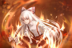 Rule 34 | &gt;:|, 1girl, 2017, :|, artist name, bow, burning, closed mouth, collared shirt, cowboy shot, dated, fiery background, fire, fujiwara no mokou, hair bow, hand in pocket, long hair, looking at viewer, multi-tied hair, ofuda, ofuda on clothes, pants, qing yang, red eyes, red pants, shirt, sleeves rolled up, solo, suspenders, touhou, v-shaped eyebrows, very long hair, white bow, white hair, white shirt