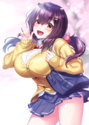 Rule 34 | 1girl, :d, azur lane, bag, black hair, blue skirt, blush, bow, bowtie, breasts, brown eyes, cardigan, commentary request, hair between eyes, hair ornament, hairclip, highres, horns, ken ill, large breasts, long hair, long sleeves, looking at viewer, low twintails, nagara (azur lane), nail polish, oni horns, open mouth, pink nails, pleated skirt, pointing, red bow, red bowtie, school bag, school uniform, shirt, shoulder bag, simple background, skirt, smile, solo, thighs, twintails, white background, white shirt
