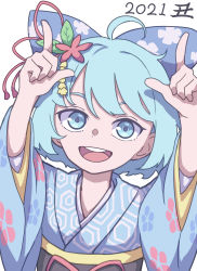 Rule 34 | 1girl, 2021, :d, absurdres, alternate costume, blue eyes, blue hair, blue kimono, cirno, eyebrows hidden by hair, floral print, hair ornament, hexagon, highres, japanese clothes, kame (kamepan44231), kimono, long sleeves, looking at viewer, new year, open mouth, pointing, pointing up, sash, short hair, simple background, smile, solo, touhou, upper body, white background, wide sleeves