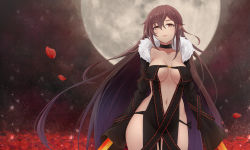 Rule 34 | 1girl, absurdres, black choker, black dress, blurry, blurry background, breasts, breasts apart, brown eyes, brown hair, choker, collarbone, contrapposto, cowboy shot, dress, fate/grand order, fate (series), fur-trimmed jacket, fur trim, highres, holding, holding weapon, jacket, long hair, long sleeves, looking at viewer, moon, navel, negative space, night, no panties, parted lips, petals, qiye luoying, revealing clothes, sidelocks, solo, standing, sword, thighs, weapon, wide sleeves, yu mei-ren (fate)