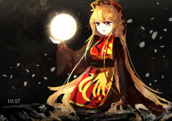 Rule 34 | 1girl, arm up, belt, black background, black belt, black dress, black hat, blonde hair, breasts, chinese clothes, commentary request, crescent, dress, eyes visible through hair, flower, full moon, grey flower, hair between eyes, hand up, hat, highres, junko (touhou), light, lily (flower), long hair, long sleeves, looking to the side, medium breasts, moon, moonlight, moyashi (oekaki touhou), ocean, open mouth, petals, phoenix crown, pom pom (clothes), red eyes, seiza, simple background, sitting, smile, solo, tabard, touhou, water, wide sleeves