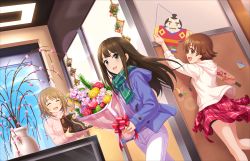 Rule 34 | 3girls, :d, blue coat, blue eyes, bouquet, brown eyes, brown hair, character request, clothes around waist, coat, closed eyes, flower, flower request, hair flower, hair ornament, happy new yeah! (idolmaster), happy valentine, highres, honda mio, hood, hoodie, idolmaster, idolmaster cinderella girls, idolmaster cinderella girls starlight stage, jacket, jacket around waist, kite, looking at viewer, multiple girls, open mouth, pants, red flower, red rose, ribbed sweater, rose, scarf, shibuya rin, shorts, smile, sweater, vase, white hoodie, white pants