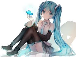 Rule 34 | 1girl, aqua eyes, aqua hair, arm warmers, bad id, bad pixiv id, black thighhighs, boots, bug, butterfly, detached sleeves, grey shirt, hatsune miku, insect, long hair, necktie, open mouth, ptmko d, shadow, shirt, simple background, sitting, skirt, solo, thigh boots, thighhighs, twintails, very long hair, vocaloid, white background