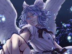 Rule 34 | 1girl, ameya nihachi, angel wings, black ribbon, blue eyes, blue hair, bow, bowtie, feathered wings, foreshortening, hair ribbon, half updo, looking at viewer, mai (touhou), matching hair/eyes, open mouth, outstretched arm, parted lips, ribbon, short hair, short sleeves, smile, solo, touhou, touhou (pc-98), white wings, wings