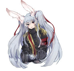Rule 34 | 1271181762, 1girl, altair (re:creators), animal ears, armband, belt, black coat, blue eyes, blush, chinese commentary, coat, commentary request, dot nose, gauntlets, gold trim, hair between eyes, hair ribbon, highres, light smile, long hair, looking at viewer, medium bangs, no headwear, open mouth, rabbit ears, re:creators, red eyes, ribbon, simple background, solo, square pupils, twintails, two-tone eyes, upper body, very long hair, white background, white hair