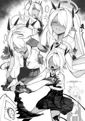 Rule 34 | 1boy, 2girls, ?, a:n (angrynum), angry, black footwear, black gloves, black necktie, black skirt, blue archive, blush, clenched teeth, dark-skinned female, dark skin, demon girl, demon tail, disembodied hand, doodle sensei (blue archive), ear blush, gloves, greyscale, hair over one eye, halo, hashtag-only commentary, headpat, high-waist skirt, highres, hina (blue archive), holding, holding weapon, iori (blue archive), long hair, long sleeves, monochrome, multiple girls, necktie, nose blush, pointy ears, sensei (blue archive), shirt, skirt, spoken question mark, squinting, tail, teeth, tsundere, twintails, very long hair, weapon, white hair, white shirt