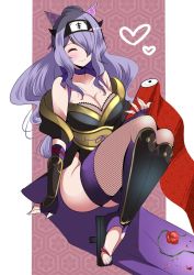 Rule 34 | 1girl, bare shoulders, breasts, camilla (fire emblem), choker, cleavage, closed eyes, collarbone, fe135700, fingerless gloves, fire emblem, fire emblem fates, fire emblem heroes, fishnet thighhighs, fishnet top, fishnets, flower, gloves, hair over one eye, headband, highres, holding, holding scroll, knees up, large breasts, nail polish, ninja, nintendo, official alternate costume, petals, ponytail, purple gloves, purple hair, purple nails, purple ribbon, red flower, red rose, ribbon, ribbon choker, rose, scroll, shin guards, shuriken hair ornament, sitting, smile, solo, thighhighs, thorns, wavy hair, wrist guards