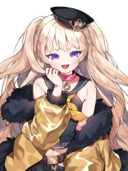 Rule 34 | 1girl, azur lane, bache (azur lane), bare shoulders, belt, black sailor collar, blonde hair, collar, commentary, fang, fur-trimmed jacket, fur trim, hat, highres, jacket, long hair, long sleeves, looking at viewer, midriff, navel, off shoulder, open mouth, purple eyes, sailor collar, sailor hat, sayan, simple background, skin fang, smile, smug, solo, two side up, wavy mouth, white background