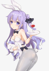 Rule 34 | 1girl, absurdres, ahoge, alcohol, animal ears, ass, azur lane, bare shoulders, black bow, black bowtie, bow, bowtie, breasts, cannian dada, cleavage, collar, cup, drinking glass, fake animal ears, grey pantyhose, highres, horns, leotard, light purple hair, long hair, looking at viewer, medium breasts, hugging object, one side up, pantyhose, playboy bunny, purple eyes, rabbit ears, rabbit girl, rabbit tail, simple background, single horn, solo, stuffed unicorn, tail, unicorn (azur lane), white background, white collar, wine, wine glass, wings, wrist cuffs