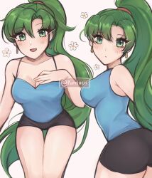 Rule 34 | 1girl, artist name, ass, black shorts, blue tank top, breasts, cleavage, fire emblem, fire emblem: the blazing blade, flower, green eyes, green hair, hair tie, hand on own chest, highres, long hair, looking at viewer, lyn (fire emblem), medium breasts, multiple girls, nintendo, open mouth, ponytail, purrlucii, short shorts, shorts, smile, solo, tank top, thigh gap, upper body, very long hair, watermark